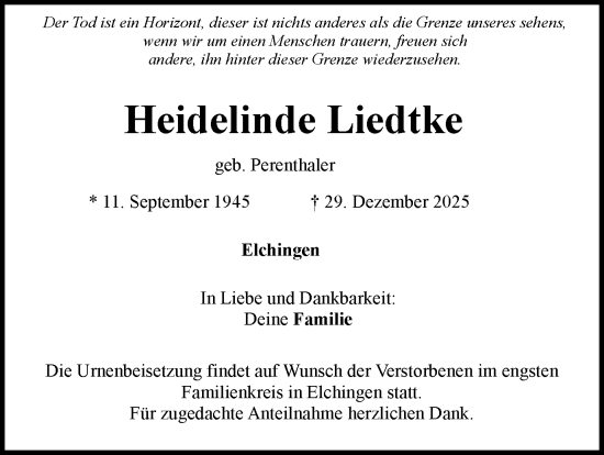 Traueranzeige von Heidelinde Liedtke von Schwäbische Post