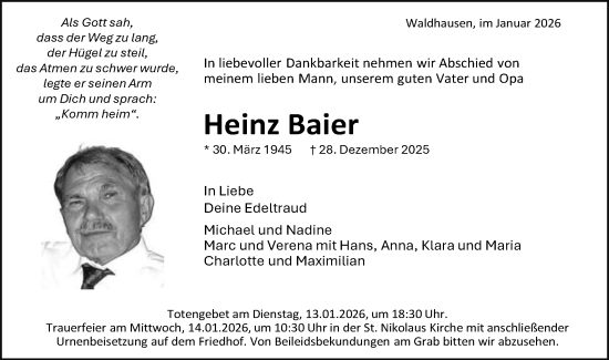 Traueranzeige von Heinz Baier von Schwäbische Post