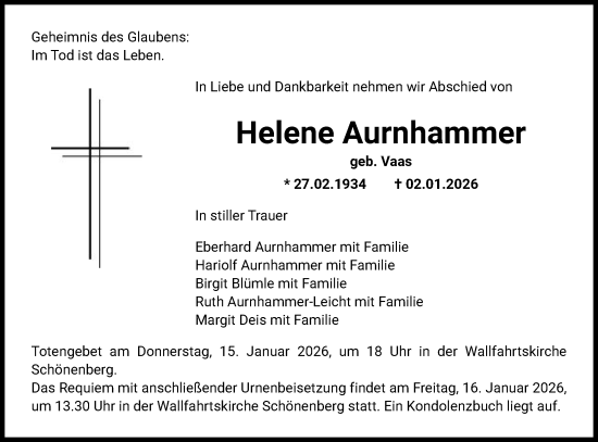 Traueranzeige von Helene Aurnhammer von Schwäbische Post