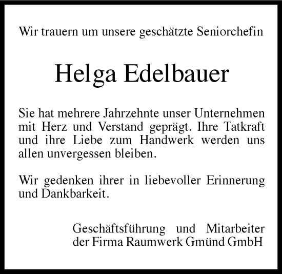 Traueranzeige von Helga Edelbauer von Gmünder Tagespost