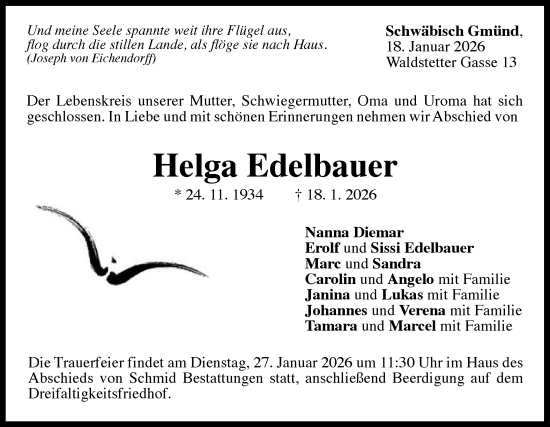Traueranzeige von Helga Edelbauer von Gmünder Tagespost