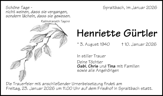 Traueranzeige von Henriette Gürtler von Gmünder Tagespost