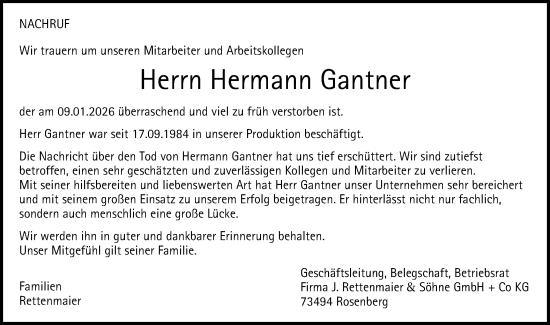 Traueranzeige von Hermann Gantner von Schwäbische Post