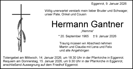 Traueranzeige von Hermann Gantner von Schwäbische Post