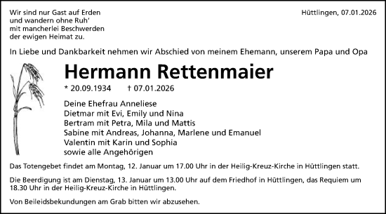 Traueranzeige von Hermann Rettenmaier von Schwäbische Post