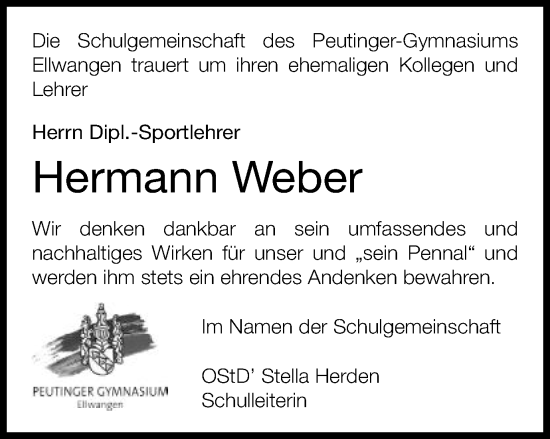 Traueranzeige von Hermann Weber von Schwäbische Post