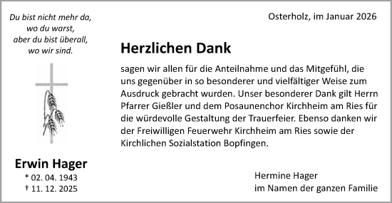 Traueranzeige von Hermine Hager von Schwäbische Post