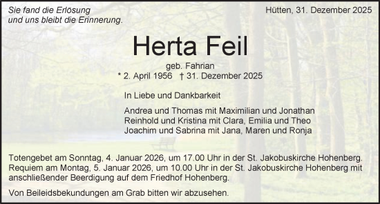 Traueranzeige von Herta Feil von Schwäbische Post