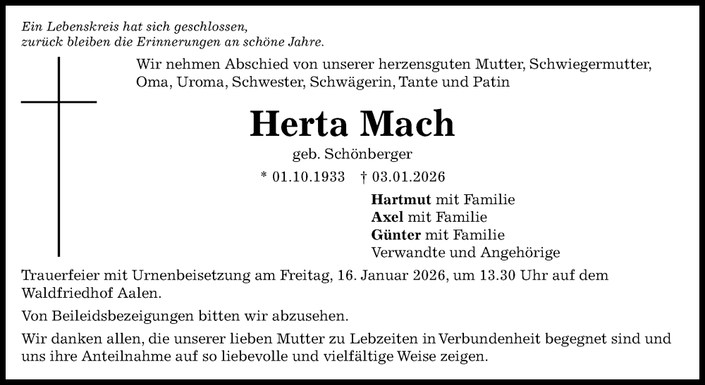  Traueranzeige für Herta Mach vom 12.01.2026 aus Schwäbische Post