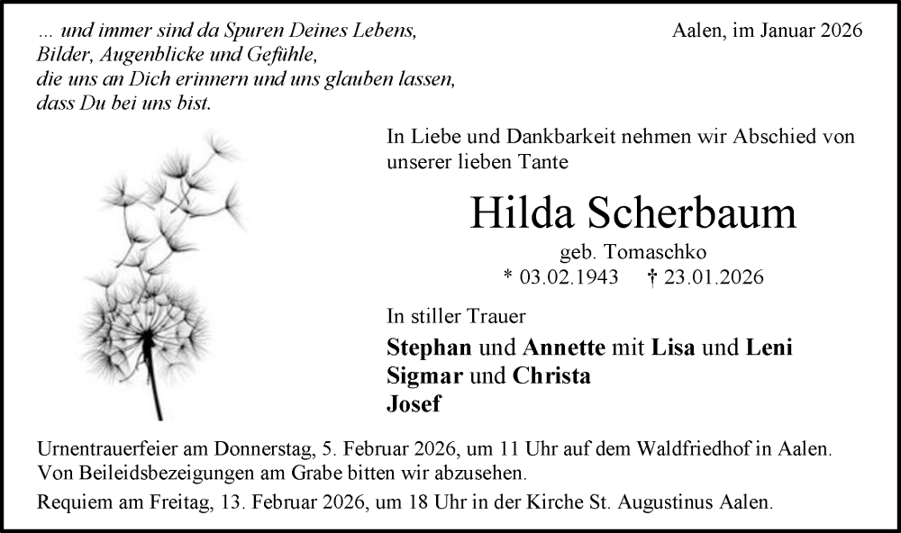  Traueranzeige für Hilda Scherbaum vom 31.01.2026 aus Schwäbische Post