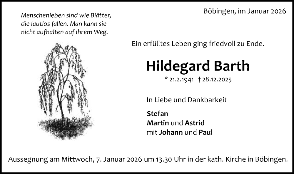  Traueranzeige für Hildegard Barth vom 03.01.2026 aus Gmünder Tagespost
