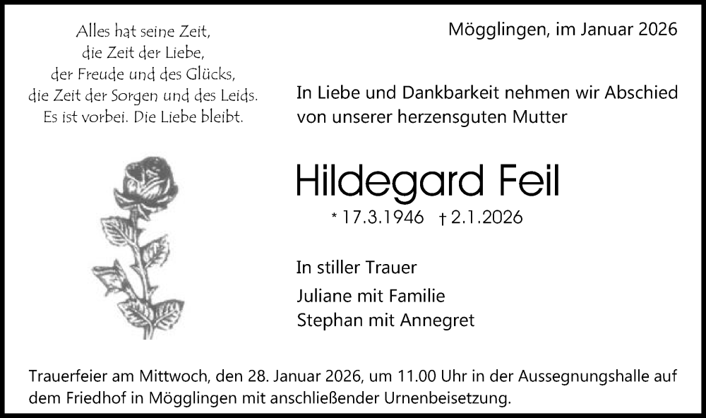  Traueranzeige für Hildegard Feil vom 24.01.2026 aus Gmünder Tagespost