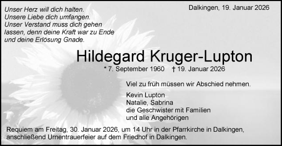Traueranzeige von Hildegard Kruger-Lupton von Schwäbische Post