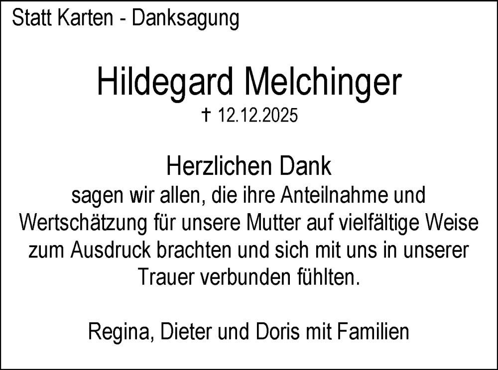  Traueranzeige für Hildegard Melchinger vom 17.01.2026 aus Schwäbische Post