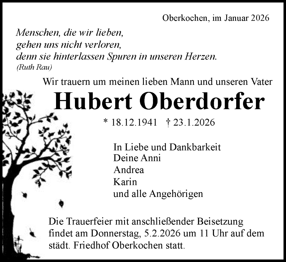 Traueranzeige für Hubert Oberdorfer vom 31.01.2026 aus Schwäbische Post