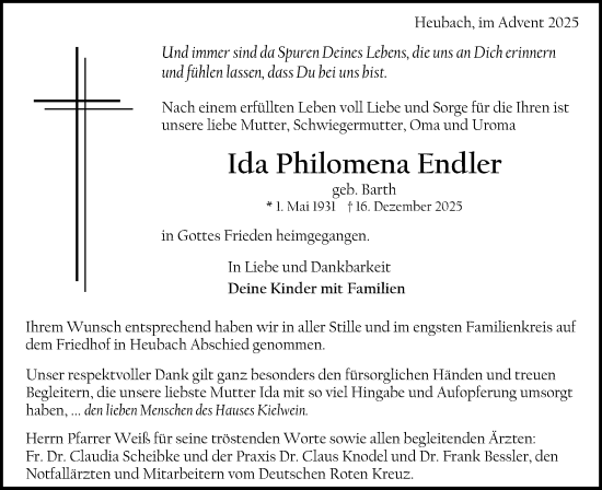 Traueranzeige von Ida Philomena Endler von Gmünder Tagespost