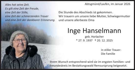 Traueranzeige von Inge Hanselmann von Schwäbische Post