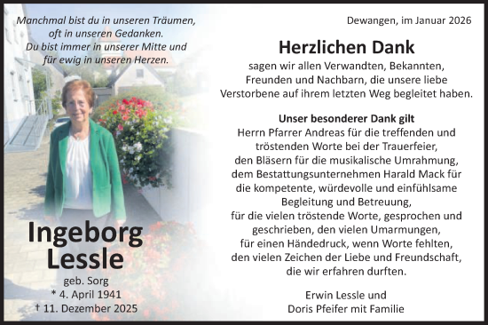 Traueranzeige von Ingeborg Lessle von Schwäbische Post