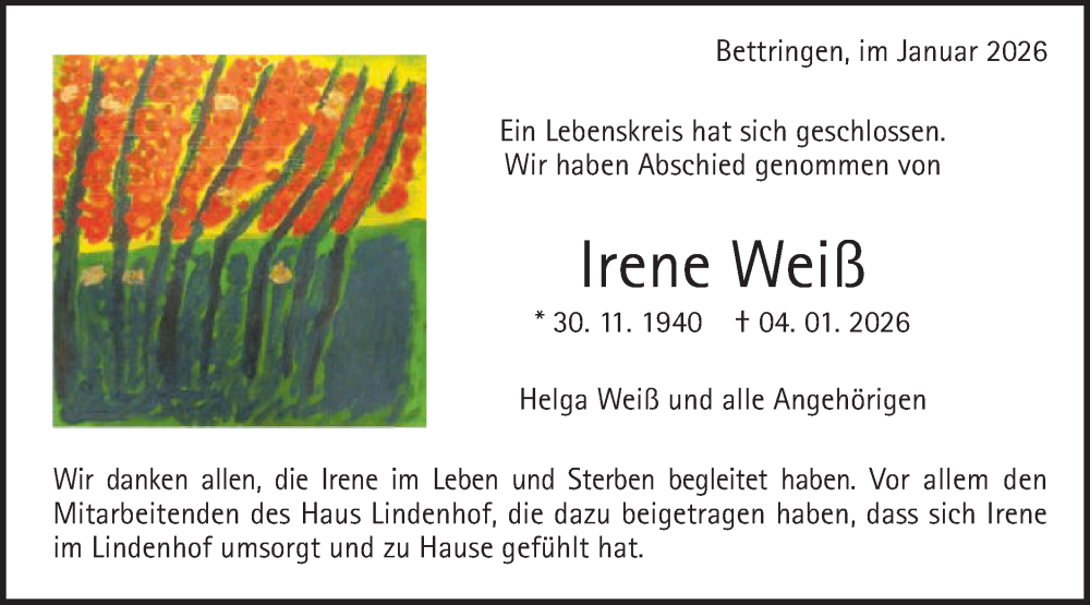  Traueranzeige für Irene Weiß vom 15.01.2026 aus Gmünder Tagespost