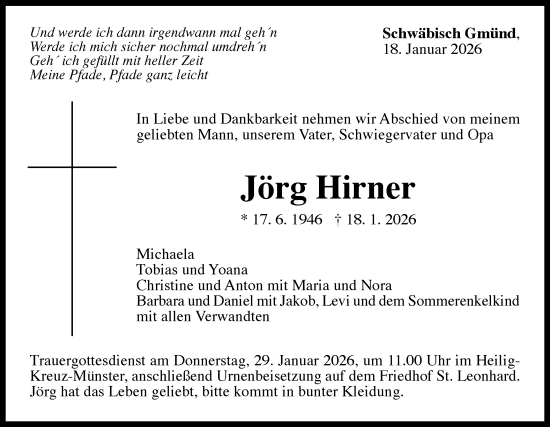 Traueranzeige von Jörg Hirner von Gmünder Tagespost