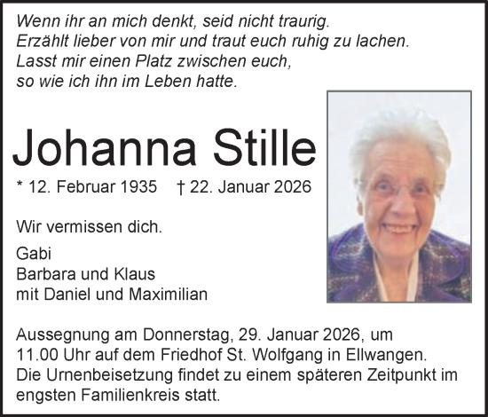 Traueranzeige von Johanna Stille von Schwäbische Post