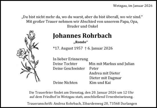 Traueranzeige von Johannes Rohrbach von Gmünder Tagespost