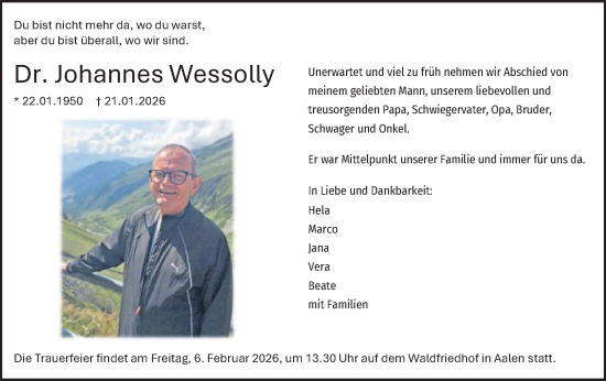 Traueranzeige von Johannes Wessolly von Schwäbische Post