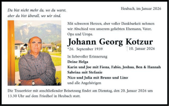 Traueranzeige von Johann Georg Kotzur von Gmünder Tagespost