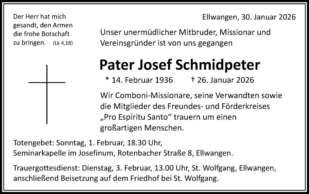  Traueranzeige für Josef Schmidpeter vom 30.01.2026 aus Schwäbische Post