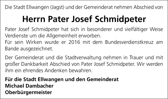 Traueranzeige von Josef Schmidpeter von Schwäbische Post