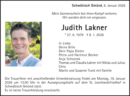 Traueranzeige von Judith Lakner von Gmünder Tagespost