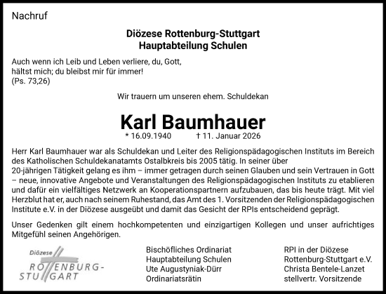 Traueranzeige von Karl Baumhauer von Gmünder Tagespost