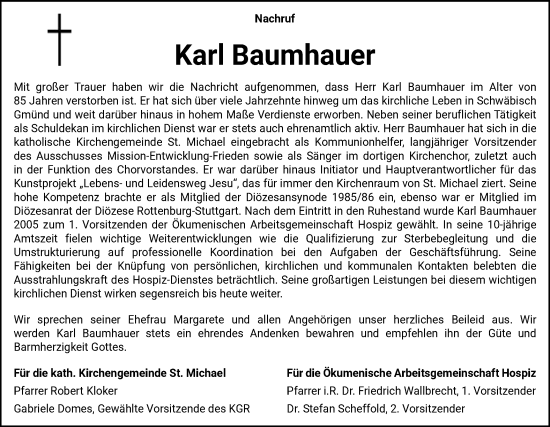 Traueranzeige von Karl Baumhauer von Gmünder Tagespost