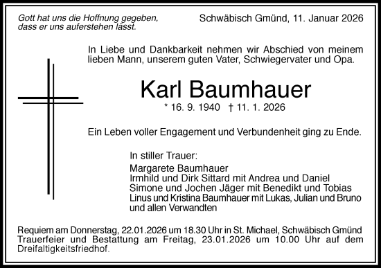 Traueranzeige von Karl Baumhauer von Gmünder Tagespost