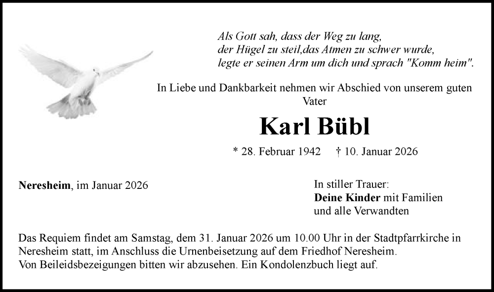  Traueranzeige für Karl Bübl vom 23.01.2026 aus Schwäbische Post