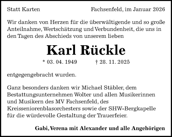 Traueranzeige von Karl Rückle von Schwäbische Post