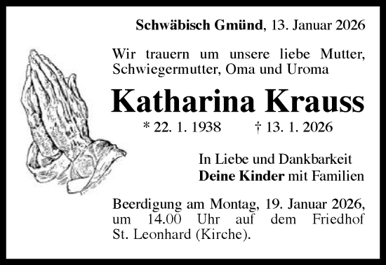 Traueranzeige von Katharina Krauss von Gmünder Tagespost