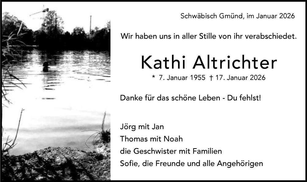  Traueranzeige für Kathi Altrichter vom 27.01.2026 aus Gmünder Tagespost