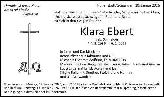 Traueranzeige von Klara Ebert von Schwäbische Post