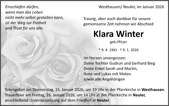 Traueranzeige von Klara Winter von Schwäbische Post