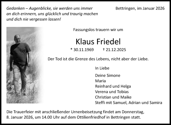 Traueranzeige von Klaus Friedel von Gmünder Tagespost
