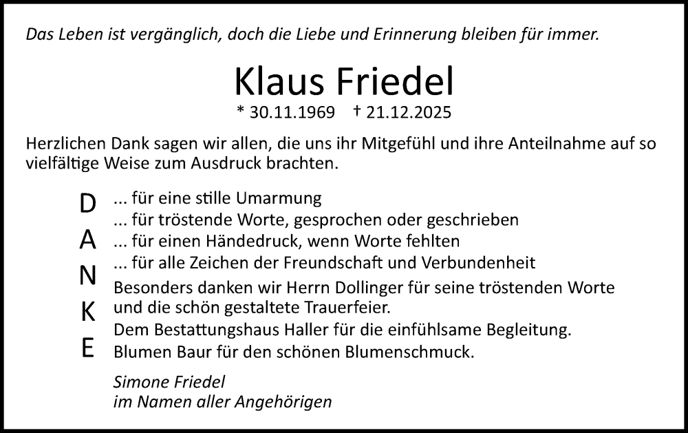  Traueranzeige für Klaus Friedel vom 24.01.2026 aus Gmünder Tagespost