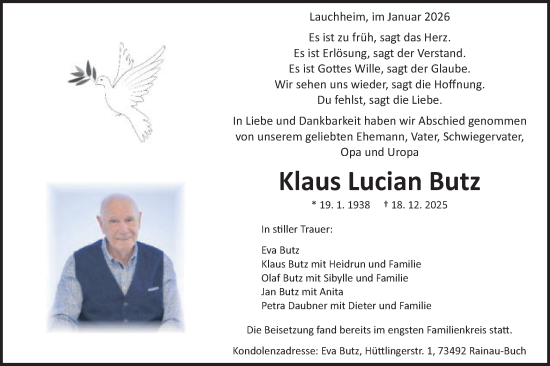 Traueranzeige von Klaus Lucian Butz von Schwäbische Post