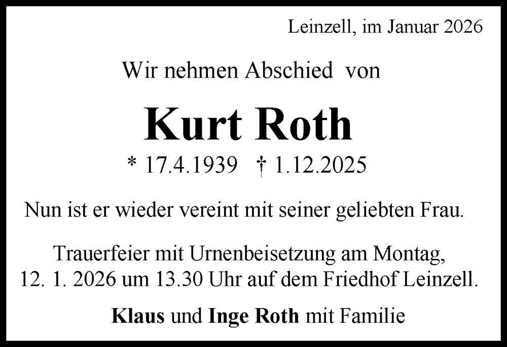  Traueranzeige für Kurt Roth vom 09.01.2026 aus Gmünder Tagespost