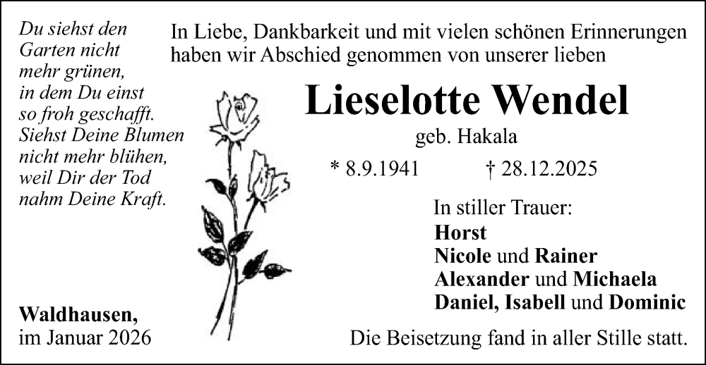  Traueranzeige für Lieselotte Wendel vom 07.01.2026 aus Gmünder Tagespost