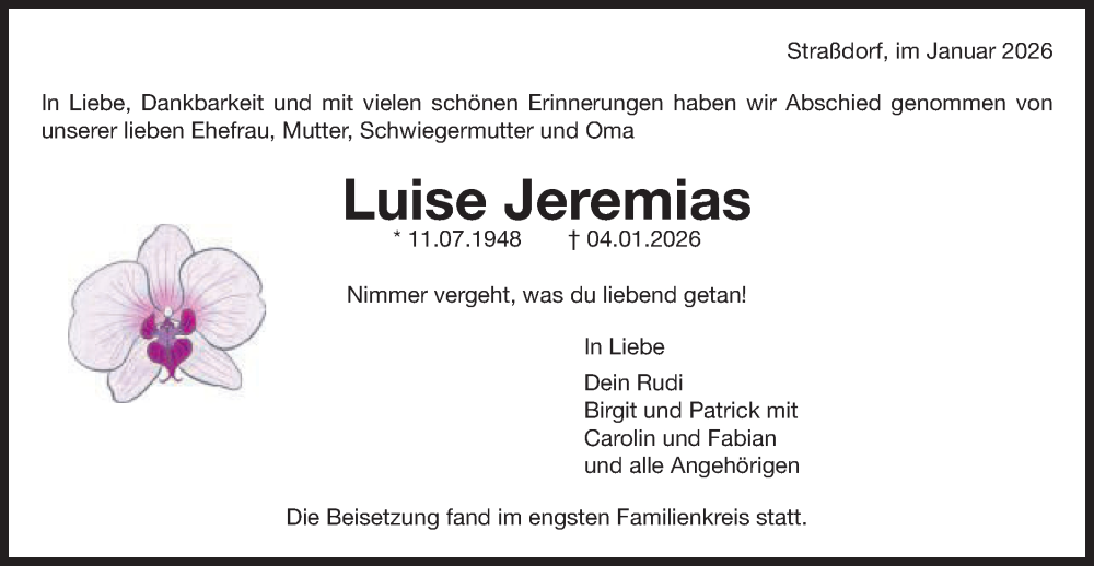  Traueranzeige für Luise Jeremias vom 23.01.2026 aus Gmünder Tagespost