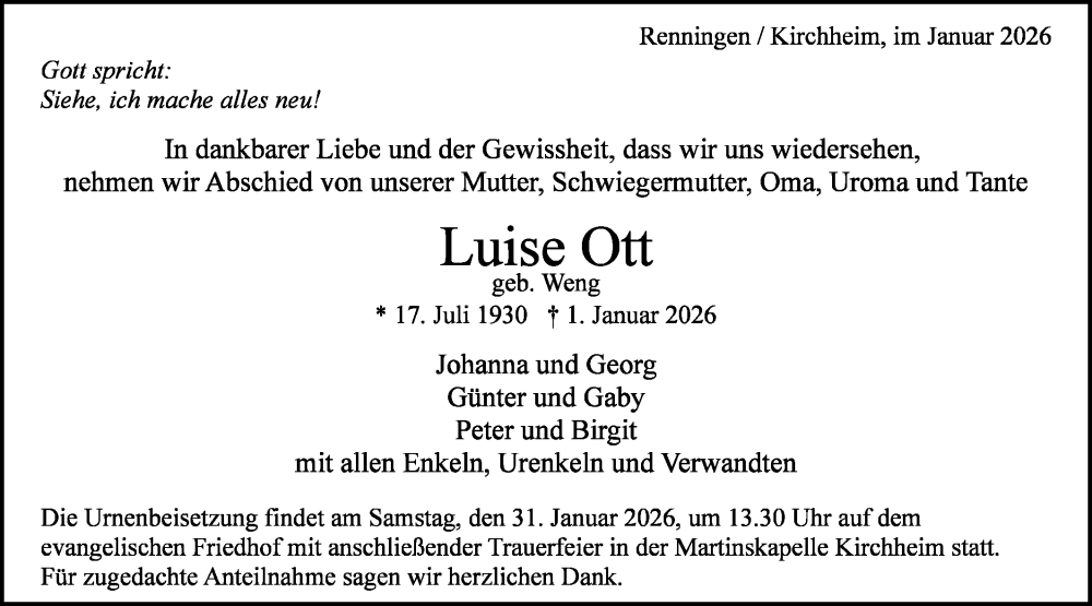 Traueranzeige für Luise Ott vom 28.01.2026 aus Schwäbische Post