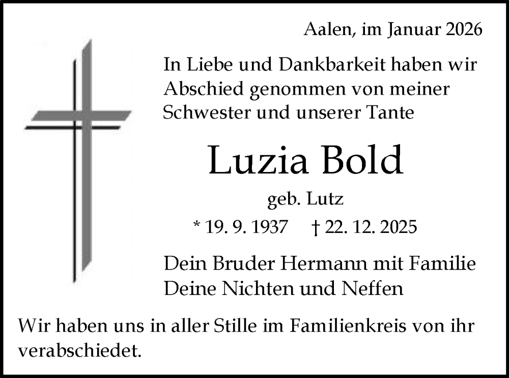  Traueranzeige für Luzia Bold vom 13.01.2026 aus Schwäbische Post