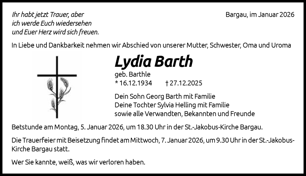  Traueranzeige für Lydia Barth vom 03.01.2026 aus Gmünder Tagespost