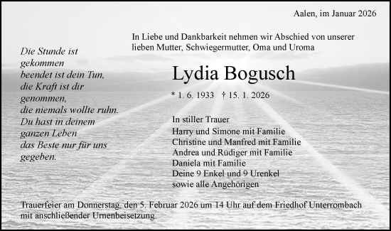 Traueranzeige von Lydia Bogusch von Schwäbische Post